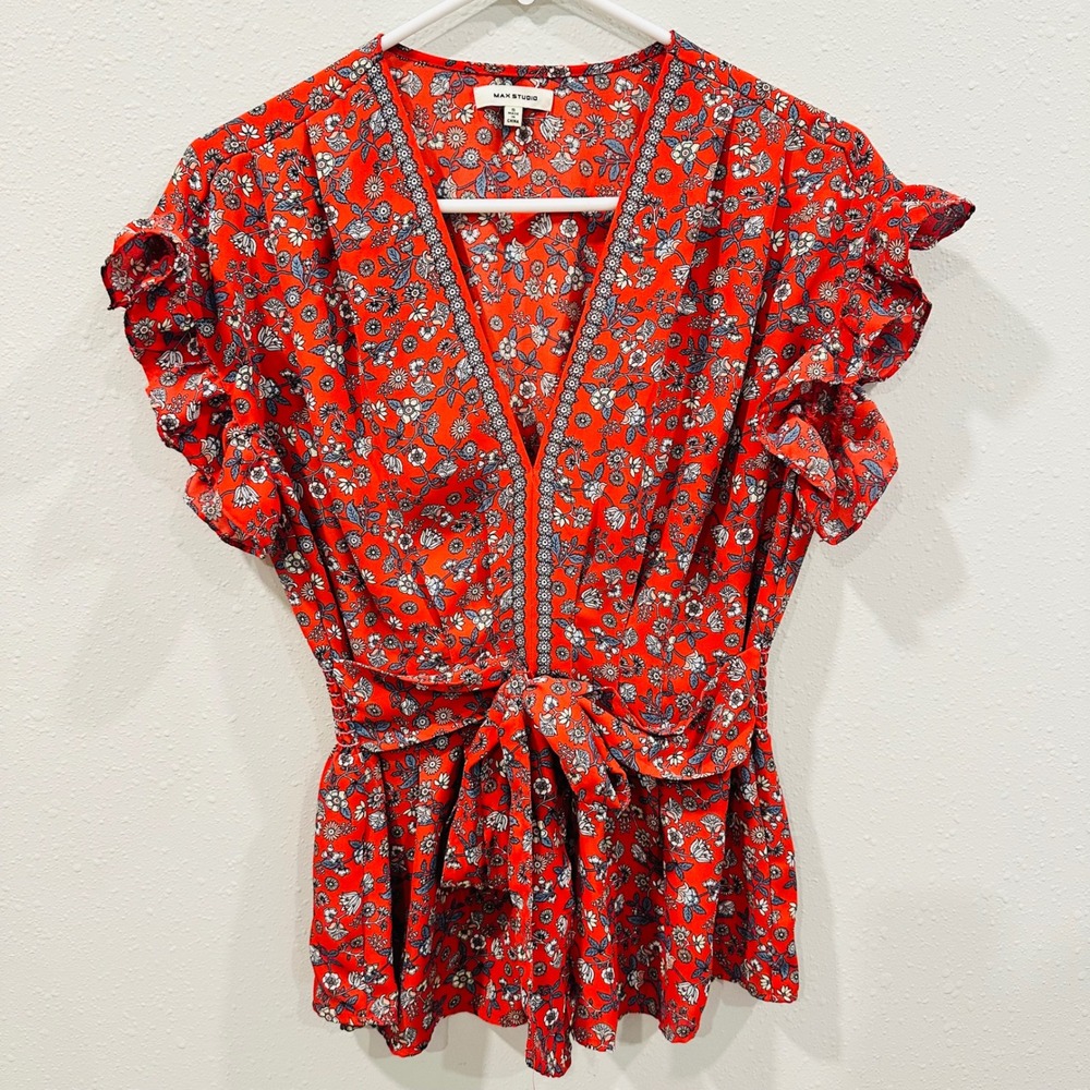 Max Studio Red Floral Print Tie Front Flutter Sleeve Peplum Top Women's Size S